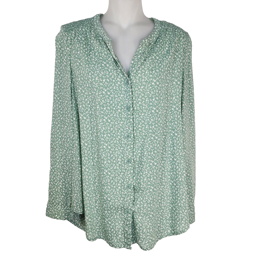 BeachLunchLounge Top Womens Small Button Blouse Ditsy Floral Print Smocked Green